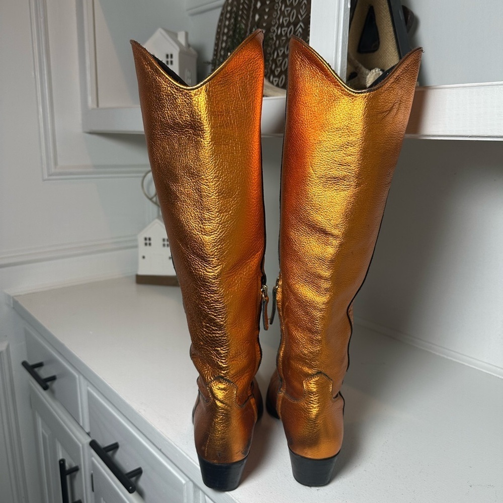 Feners Metallic Bronze Knee High Boots EU37 6.5/7 Pointed Toe Leather Western - Picture 6 of 10